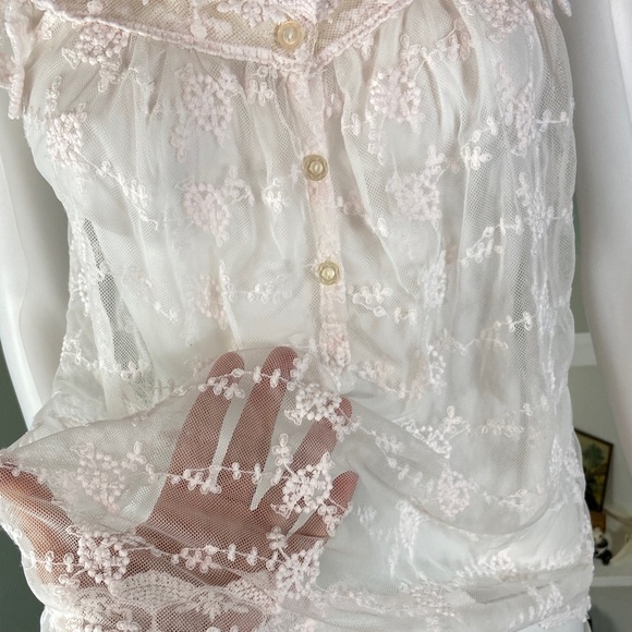 Pinky White Lace sheer Button Tank Top mesh embroidered romantic floral medium M - Picture 5 of 10